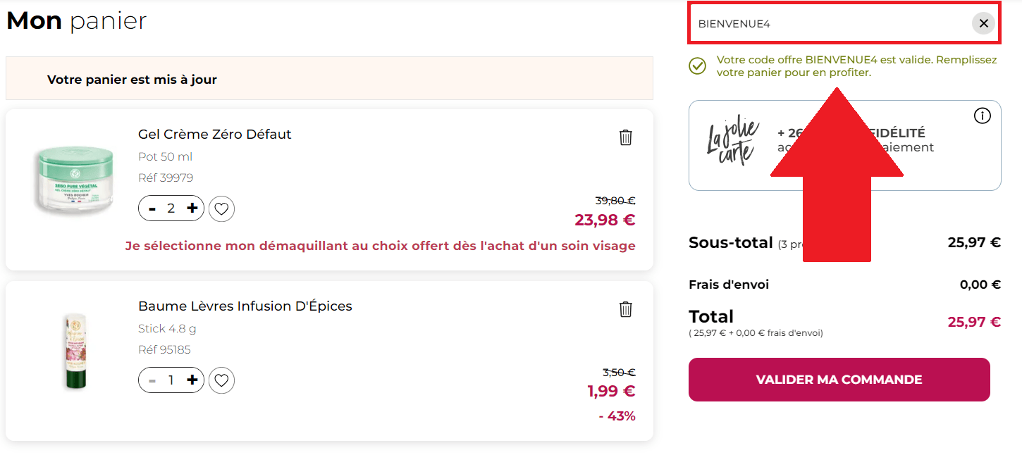 Panier de commande avec un code promo Yves Rocher