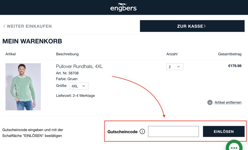Warenkorb-Screenshot mit Eingabefeld für deinen engbers Gutschein