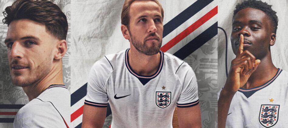 England Store merchandise image showing Harry Kane, Bukayo Saka, and Declan Rice modeling World Cup 2026 shirts