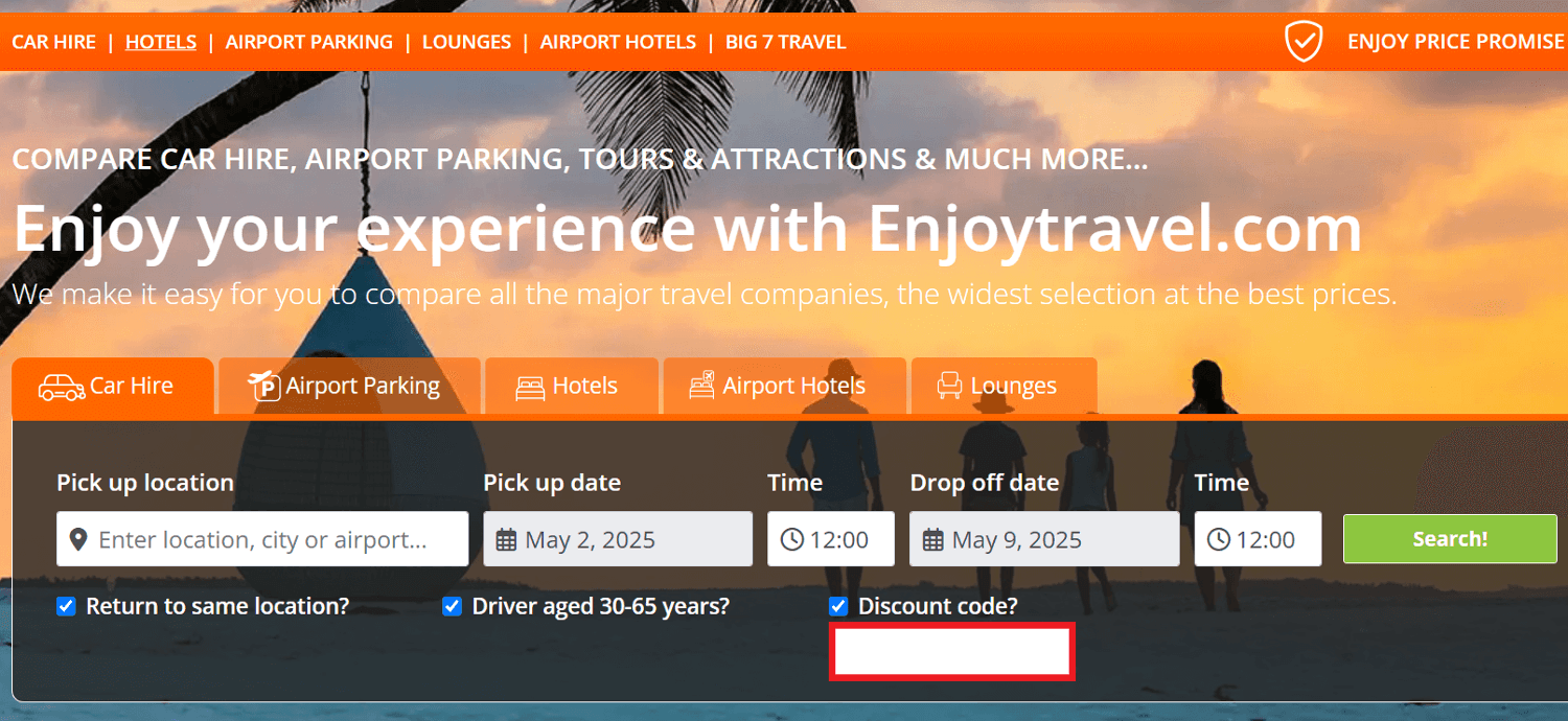 Enjoy Travel discount code box during booking image