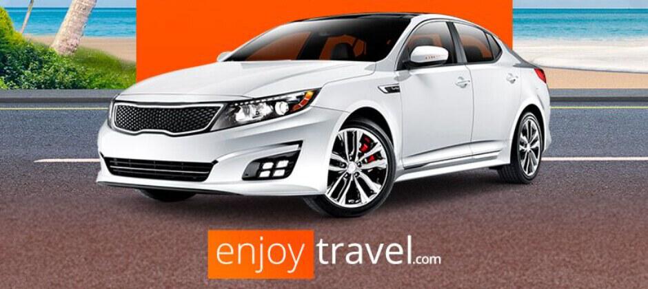 Enjoy Travel savings guide image - A silver car with company logo underneath