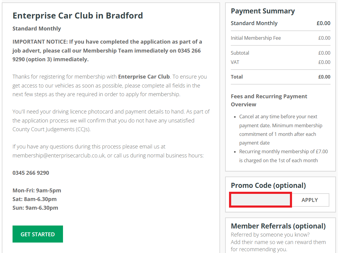 Enterprise Car Club discount code box - membership plan page