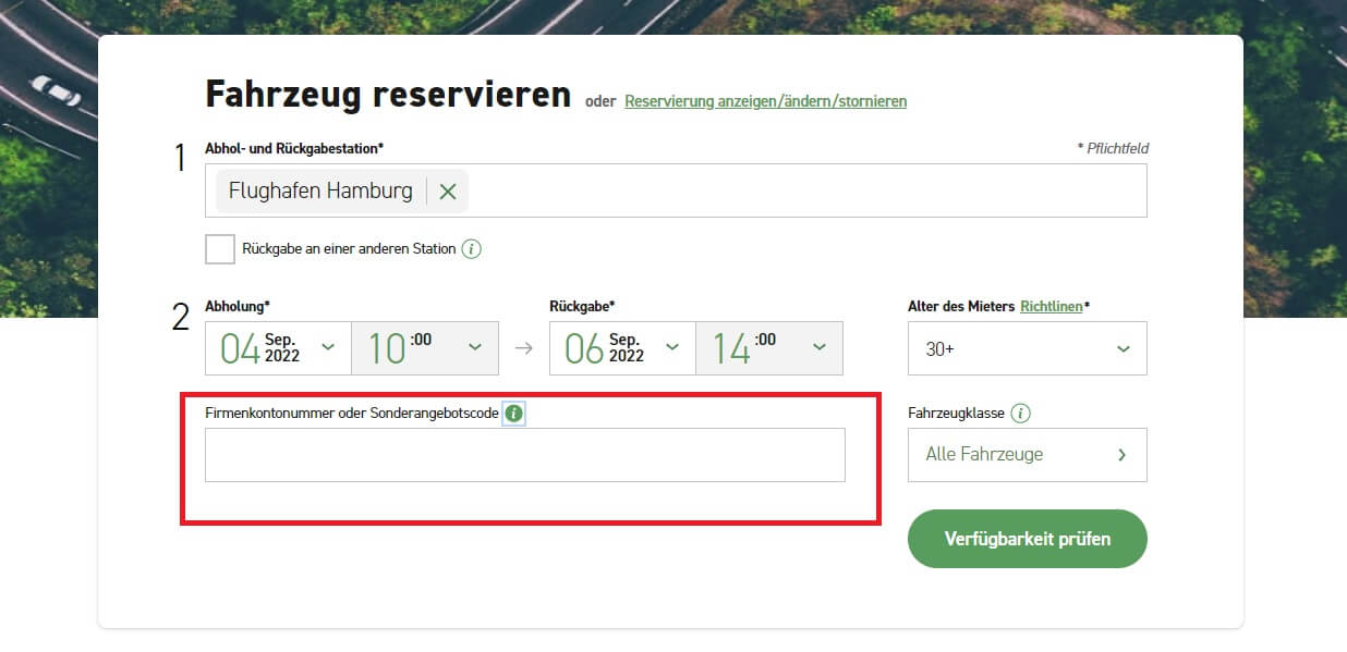 Screenshot der Suchmaske bei der Autovermietung mit rotem Kasten um das Feld, wo du einen Enterprise Gutschein einlösen kannst