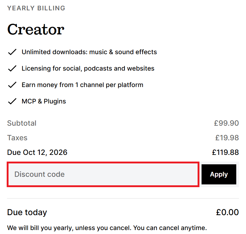 Epidemic Sound discount code box prior to payment