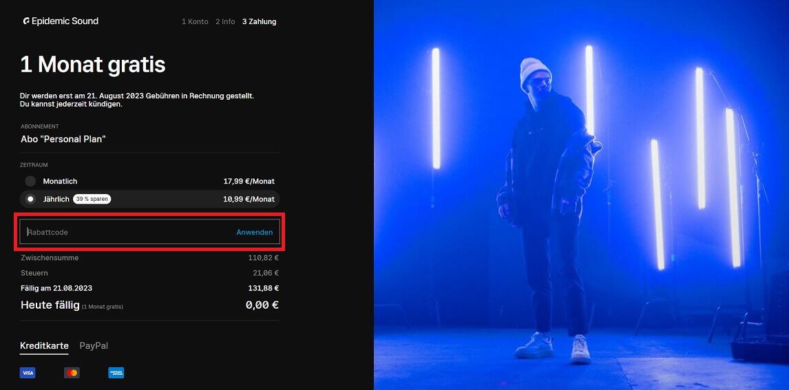 Screenshot aus dem Warenkorb mit Eingabefeld, wo sich ein Epidemic Sound Gutschein anwenden lässt