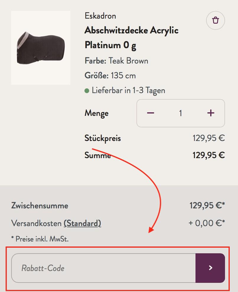 Warenkorb-Screenshot mit Eingabefeld für deinen EQUIVA Gutschein