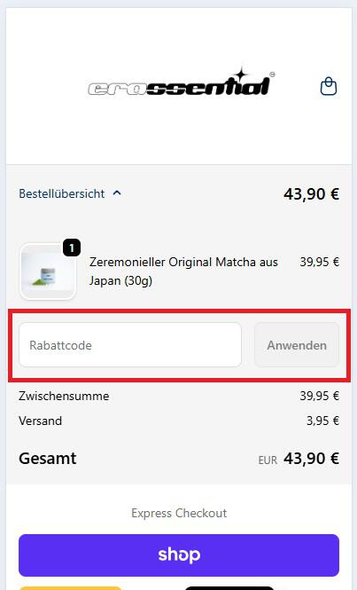 Eingabefeld für einen Erassential Rabattcode an der Online-Kasse