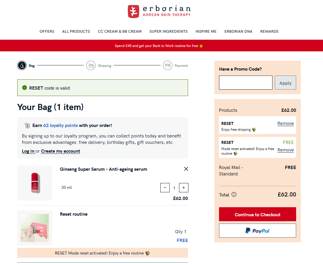 Erborian discount code application box