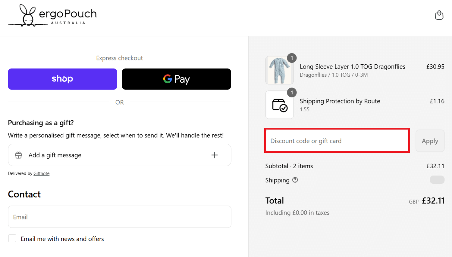ergoPouch discount code box in shopping basket image