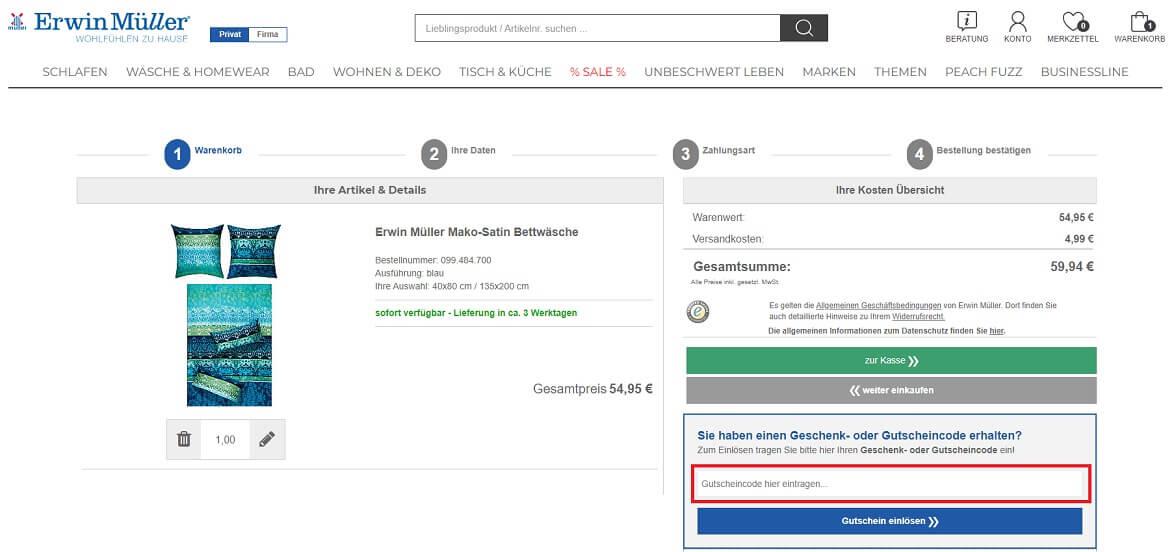 Screenshot aus dem Warenkorb mit dem Hinweis darauf, wo du den Erwin Müller Gutschein einlösen kannst