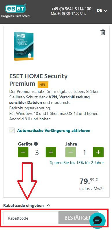 Screenshot aus dem Warenkorb mit Hinweis darauf, wo du den Eset Gutschein einlösen kannst