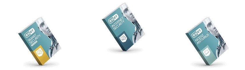 Ansicht der drei Heimanwender-Pakete: ESET Internet Security, Smart Security und NOD32 Antivirus