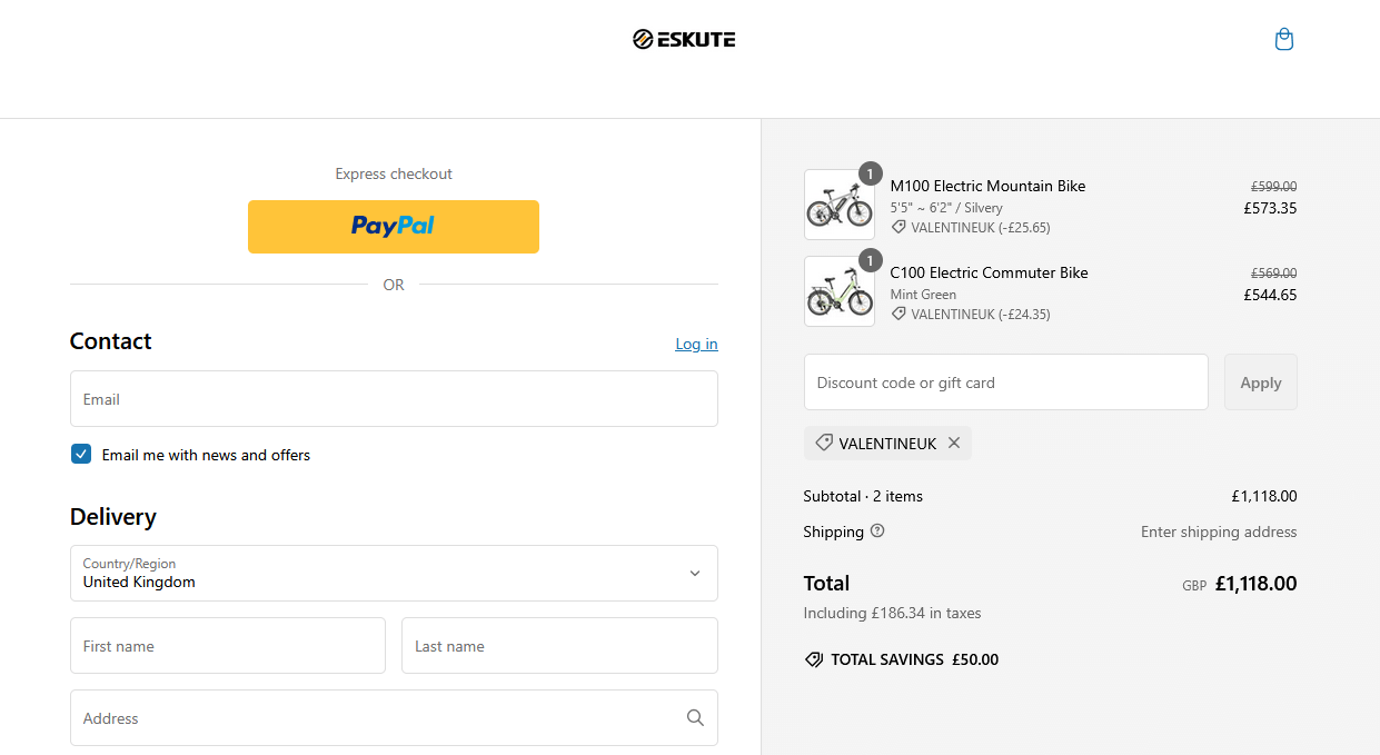 Screenshot of the Eskute discount code box at checkout on the Eskute website