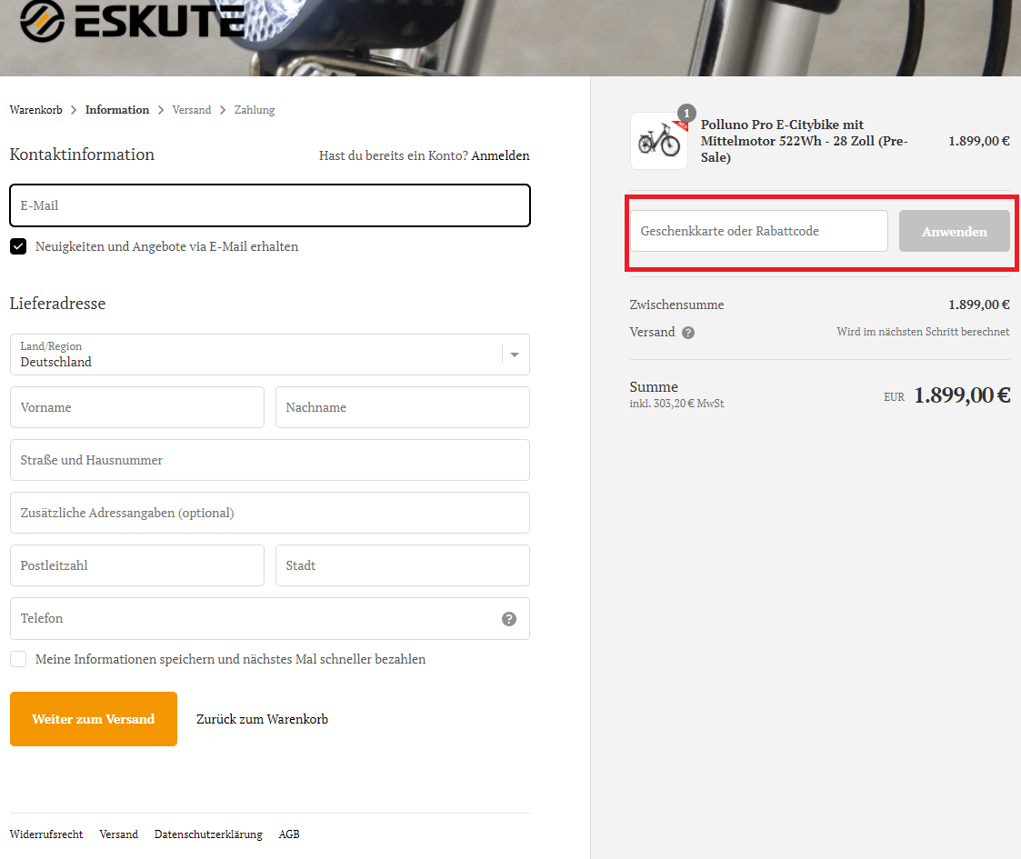 Virtuelle Kasse des Shops mit Eingabefeld zum Eskute-Gutschein einlösen