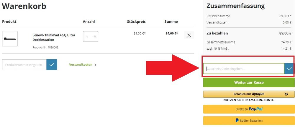 Screenshot vom Warenkorb mit markiertem Eingabefeld, wo du einen ESM-Computer Gutschein einlösen kannst
