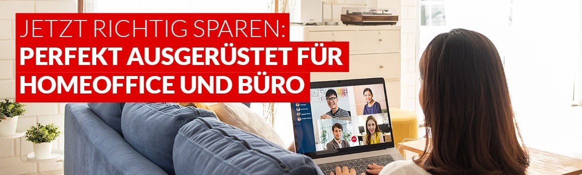 Frau mit Laptop auf Sofa als Banner für günstige ESM Computer für Homeoffice und Büro