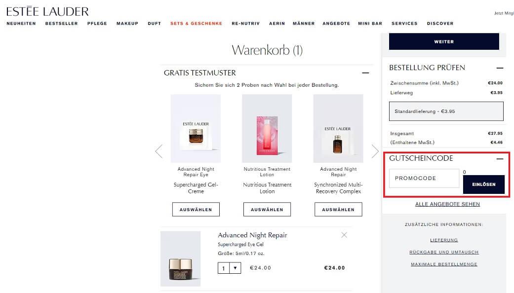 Screenshot aus dem Warenkorb mit Hinweis darauf, wo du den Estee Lauder Gutschein einlösen kannst