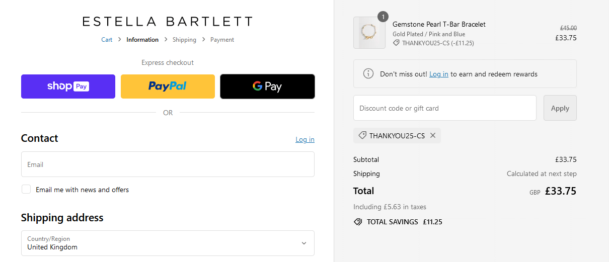Estella Bartlett discount code box at the online checkout