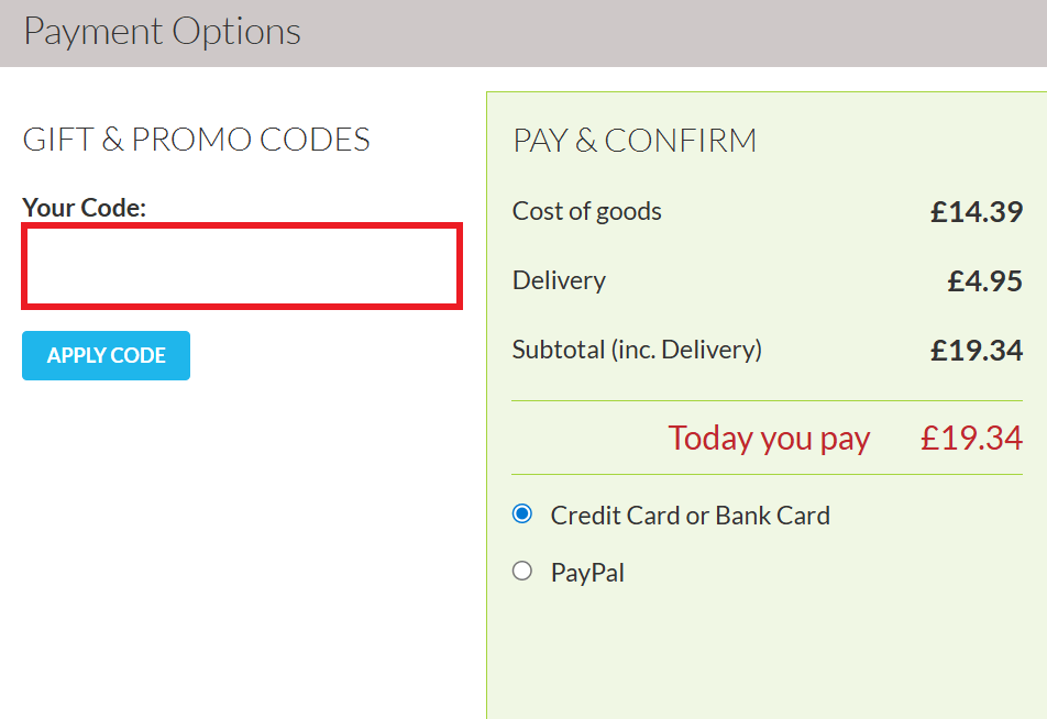 Ethical Superstore discount code redemption box during checkout