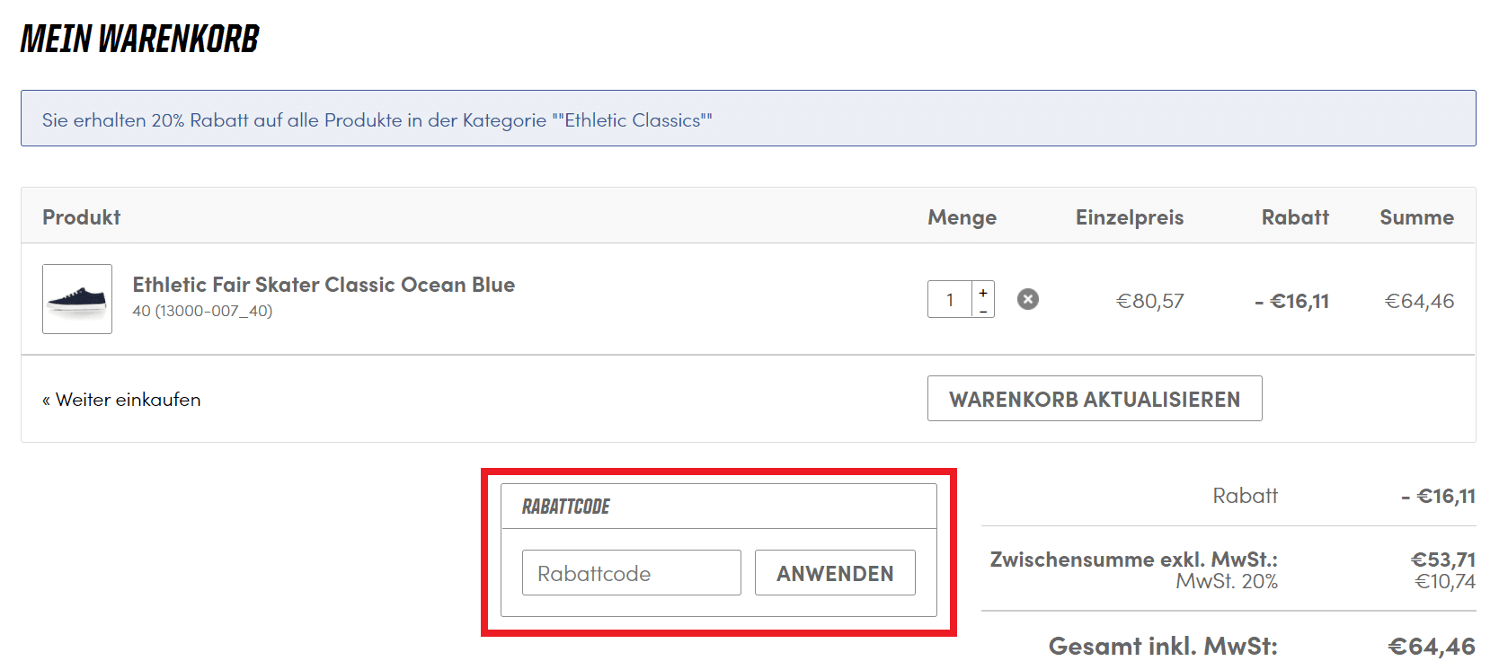 Screenshot des Warenkorbs mit Feld zum Ethletic-Gutschein einlösen