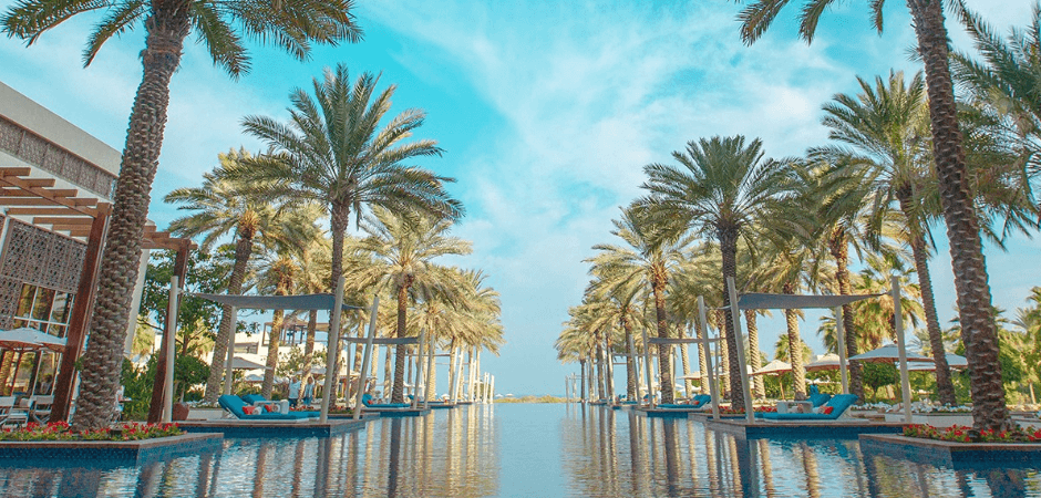 Etihad Holidays offers page banner featuring a pool surrounded by palm trees in an exotic location