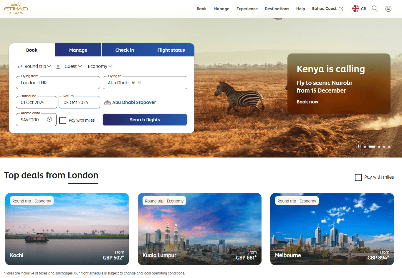 Etihad promo code redemption box on the flights search page