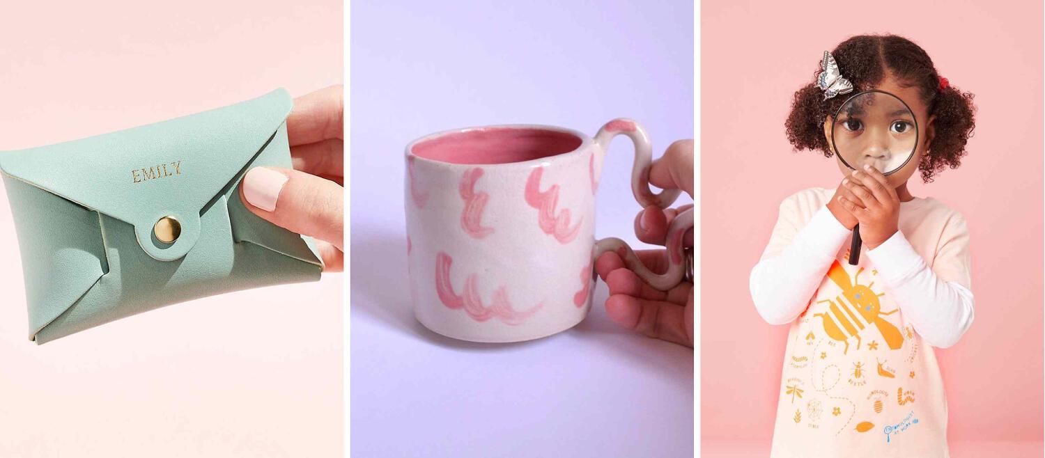 Etsy deals page image - A number of personalised items on pastel colour backgrounds