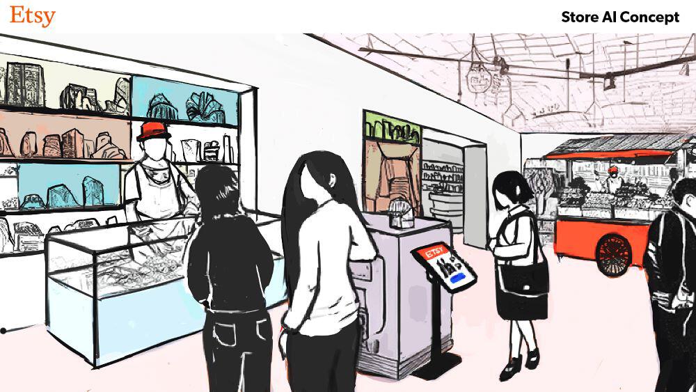 Etsy Interior imagined - Illustration showing people shopping in a physical store