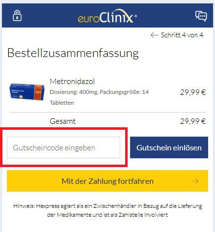 Screenshot der Online-Kasse mit Feld für den Euroclinix Gutschein