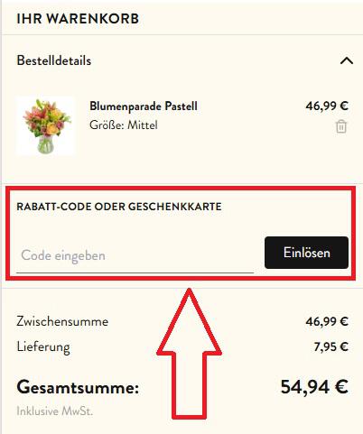 Eingabefeld für den Euroflorist Rabattcode im Warenkorb