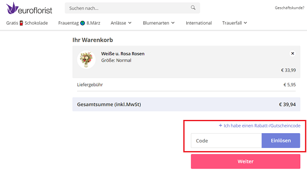 Eingabefeld für den Euroflorist Rabattcode im Warenkorb