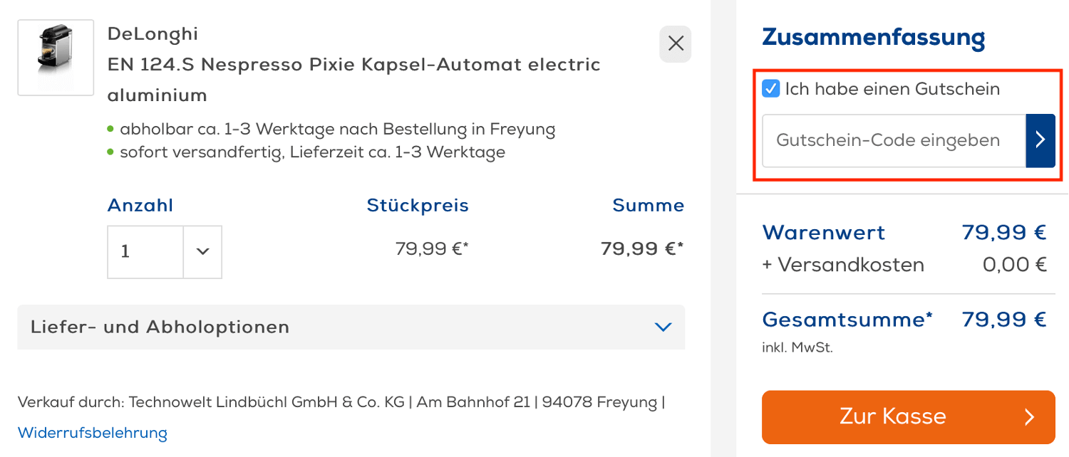 Eingabefeld für den Euronics Gutschein im Warenkorb