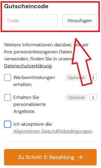 Screenshot vom Eingabefeld mit Hinweis darauf, wo du deinen EuroPa
rcs Gutschein einlösen kannst