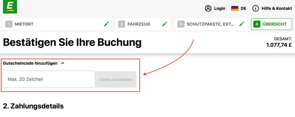 Eingabefeld für deinen Europcar Gutscheincode