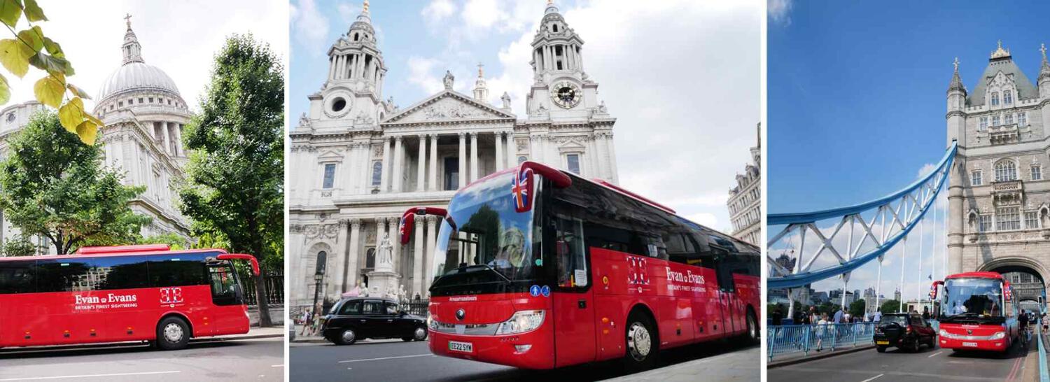Evan Evans Tours savings guide image - 3 different pictures of red branded tour buses in front of famous London landmarks like St Pauls