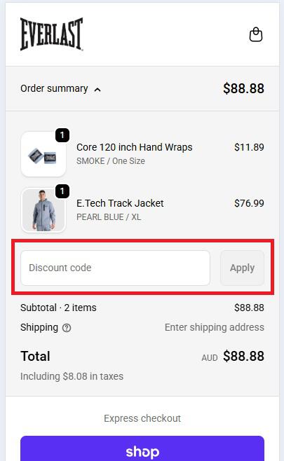Everlast discount code box at checkout