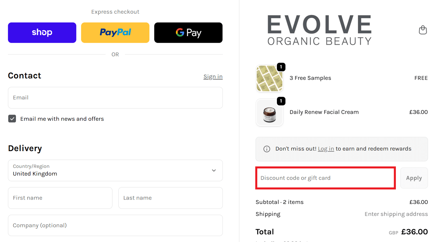 Evolve Beauty discount code input box picture