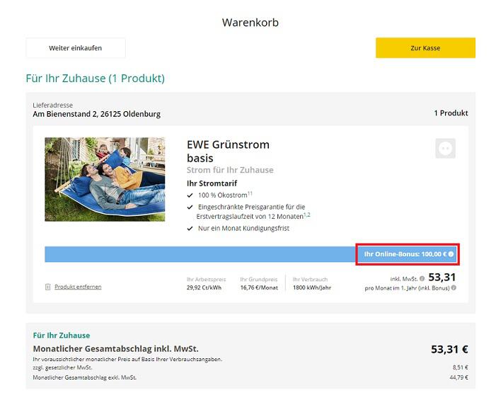 Screenshot aus dem Warenkorb mit Hinweis auf den EWE Rabatt