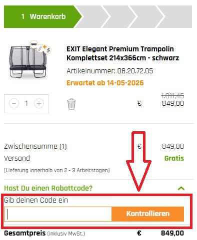 Screenshot vom Eingabefeld mit Hinweis darauf, wo du den EXIT Toys Gutschein einlösen kannst