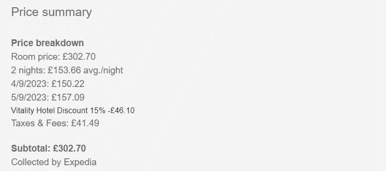 Email confirmation demonstrating a saving of £46.10 using an Expedia discount code