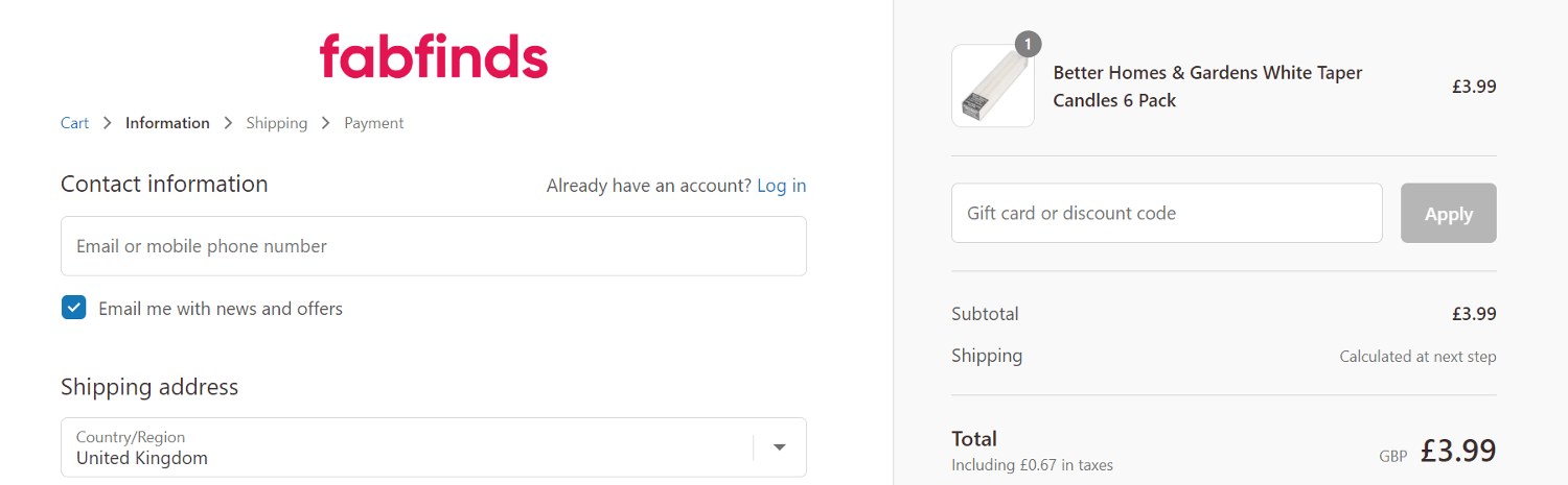 Fabfinds discount code box - checkout