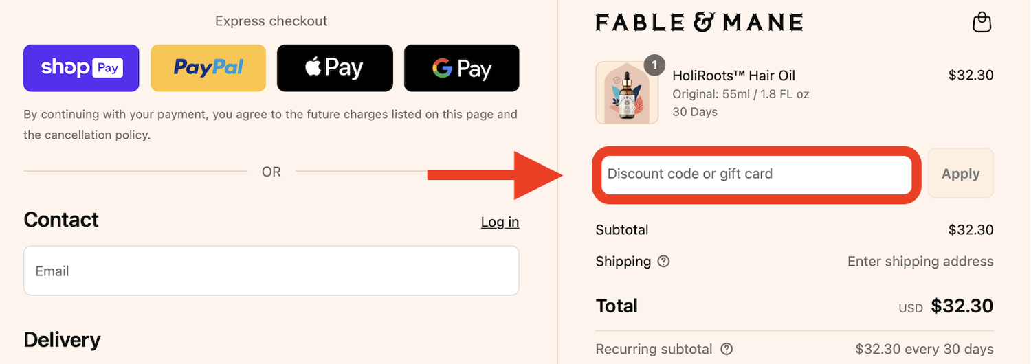 red arrow pointing to fable and mane discount code box
