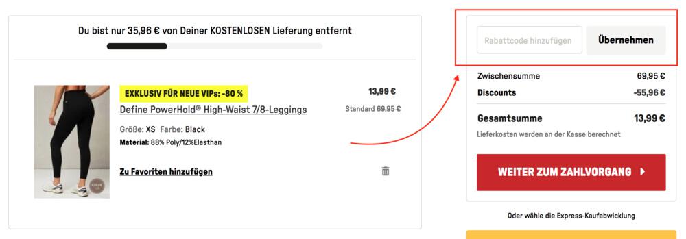 Warenkorb-Screenshot mit Eingabefeld für deinen Fabletics Gutschein