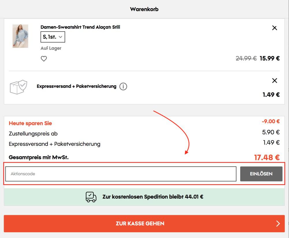 Warenkorb-Screenshot mit Eingabefeld für deinen Factcool Gutschein