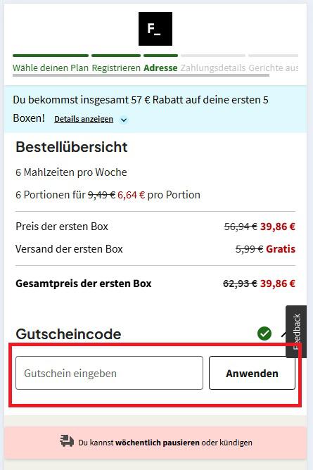 Screenshot von der Bestellübersicht mit Eingabefeld für Factor Gutscheincode