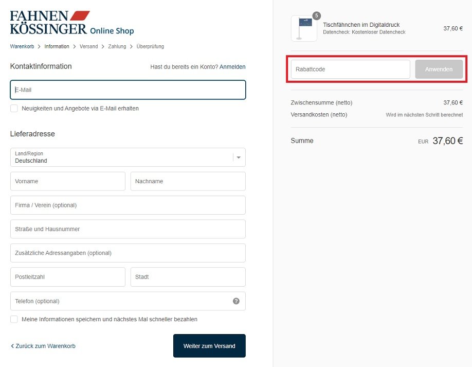 Screenshot mit Hinweis, wo der Fahnen Kössinger Gutschein eingelöst wird