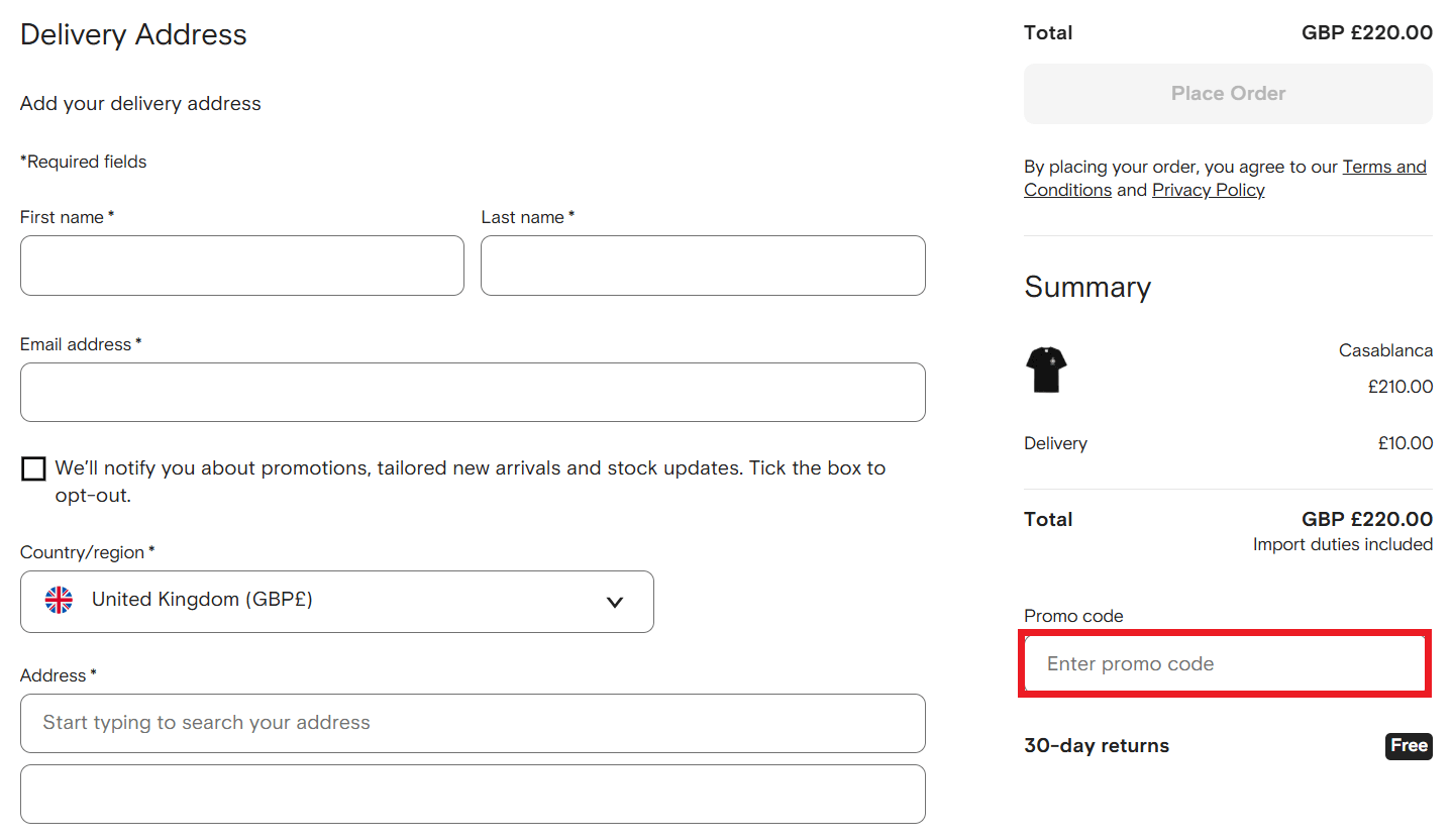 Farfetch discount code box during checkout