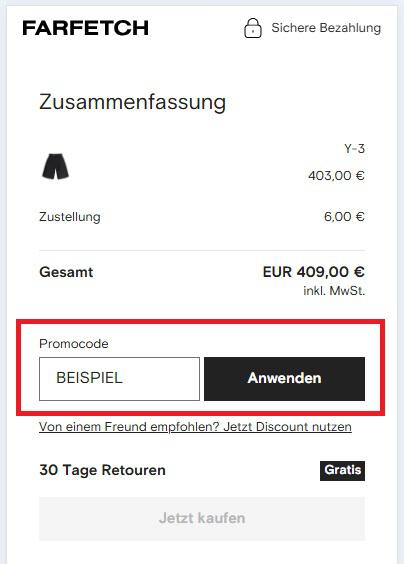 Eingabefeld für den Farfetch Promocode an der Online-Kasse