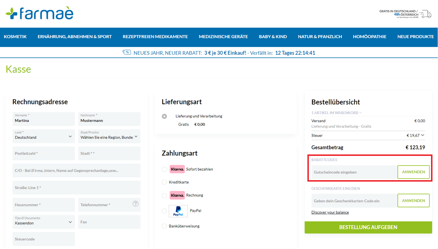 Screenshot vom Eingabefeld, wo du einen Farmaè-Gutschein anwenden kannst
