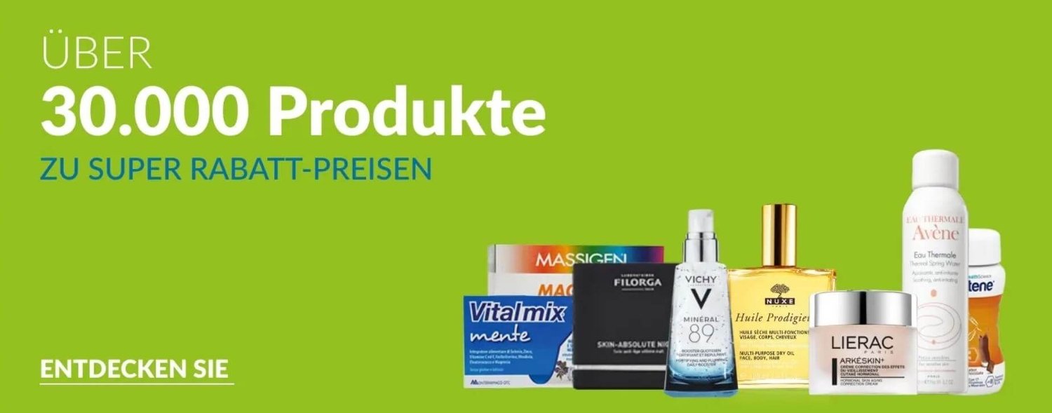 Banner für die Farmaè-Gutscheinseite: "Über 30.000 Produkte zu super Rabatt-Preisen